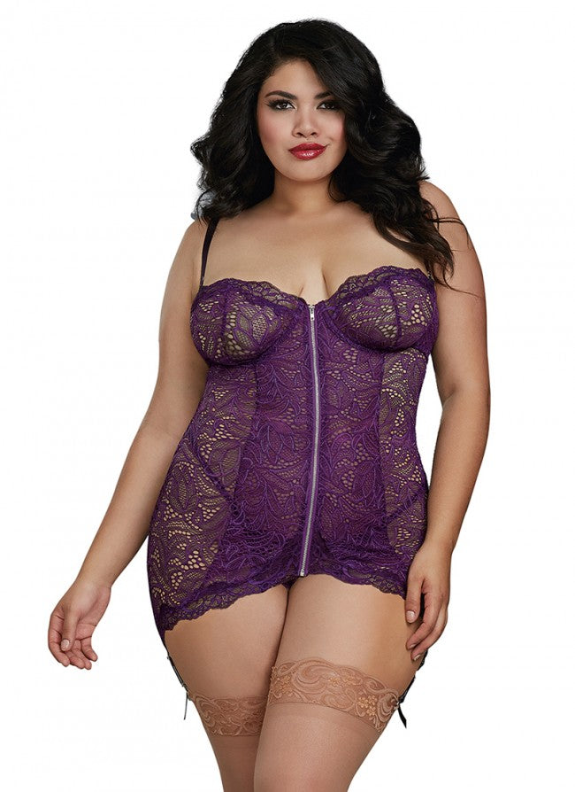 Dreamgirl Plus Size Plum Stretch Lace Garter Slip Matching G-String