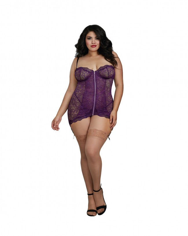 Dreamgirl Plus Size Plum Stretch Lace Garter Slip Matching G-String