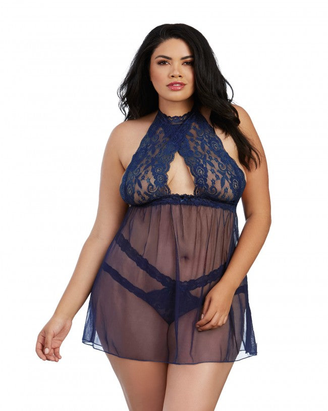 Dreamgirl One Size Queen Midnight Stretch Lace and Mesh Babydoll